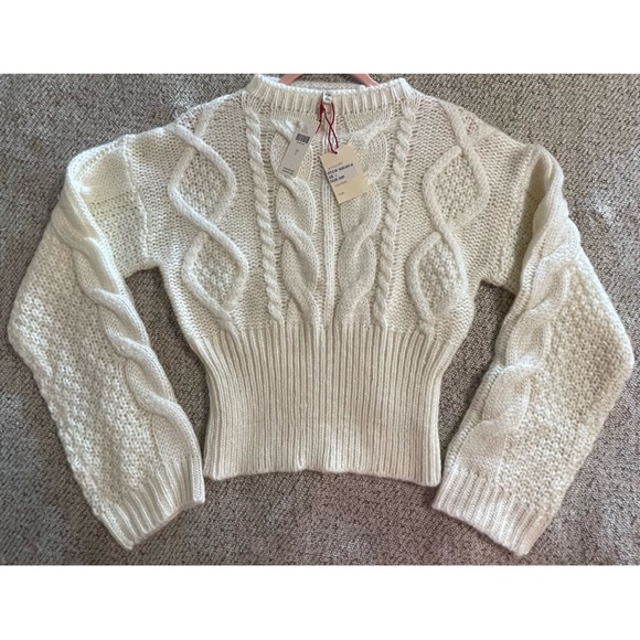 Anthropologie RAGA Kelyn Cropped Cable-Knit Sweater Pullover Ivory NWT SZ L - Picture 6 of 16